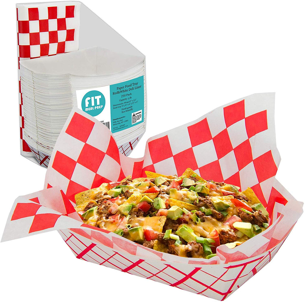 Red and White Checkered 12x12 Inch Deli Sheet Sandwich Wrap Paper Basket Liner and 5 lb Paper Food Tray - Grease Resistant for Burger Fries Nachos Hotdog Chicken Chips